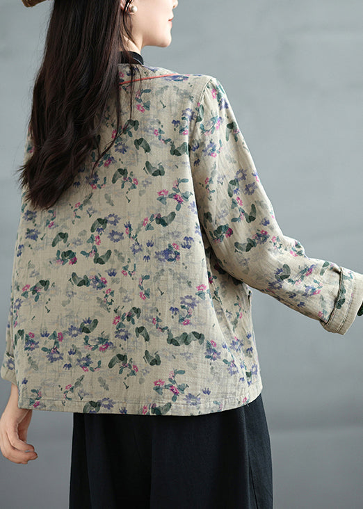 Apricot Print Pockets Cotton Fall Coats V Neck QG041 OM-CTS241016