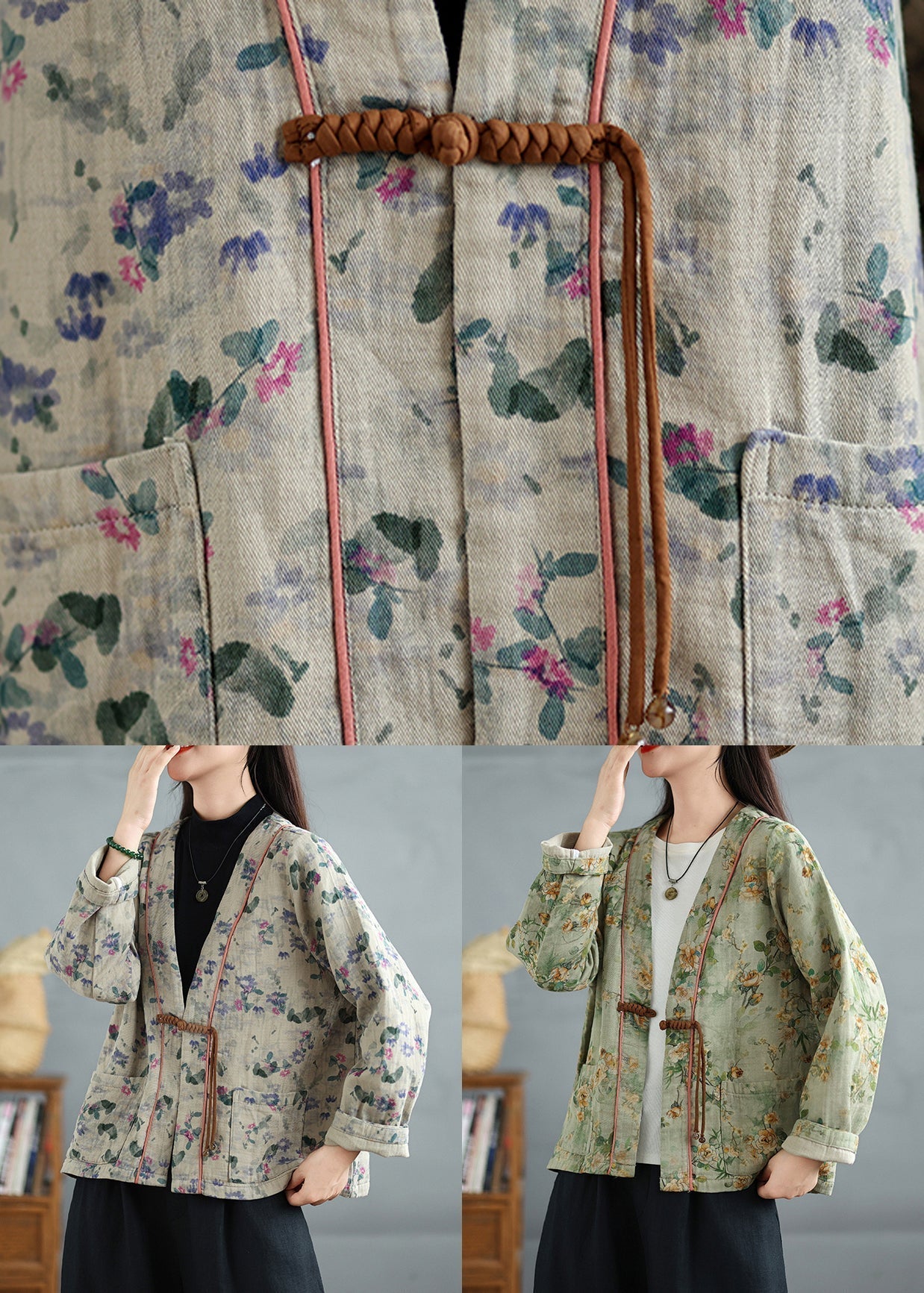 Apricot Print Pockets Cotton Fall Coats V Neck QG041 OM-CTS241016