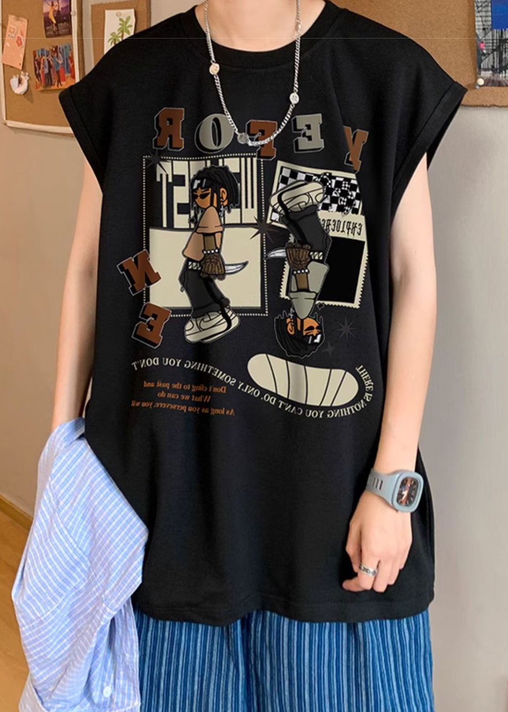 Apricot T Sleeveless Art Cotton Print Men Shirt FashionChic