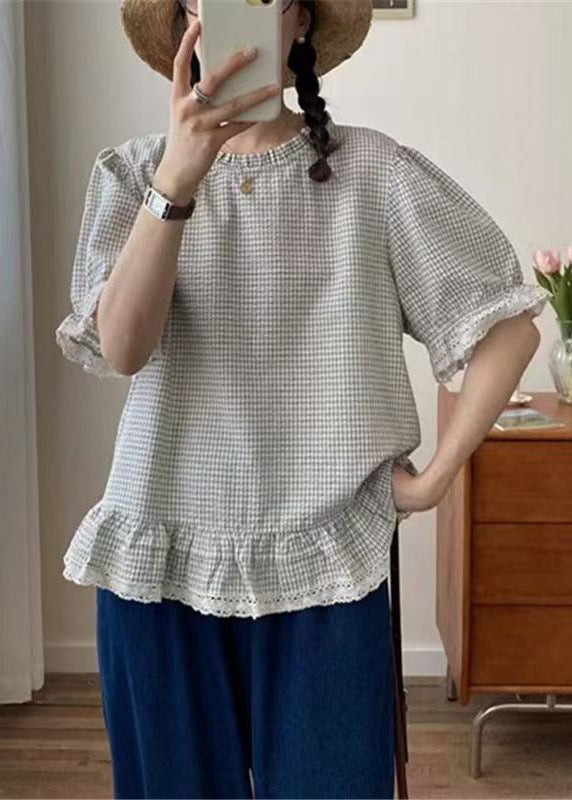 Art Shirt Summer Cotton Plaid Ruffles Apricot FashionChic