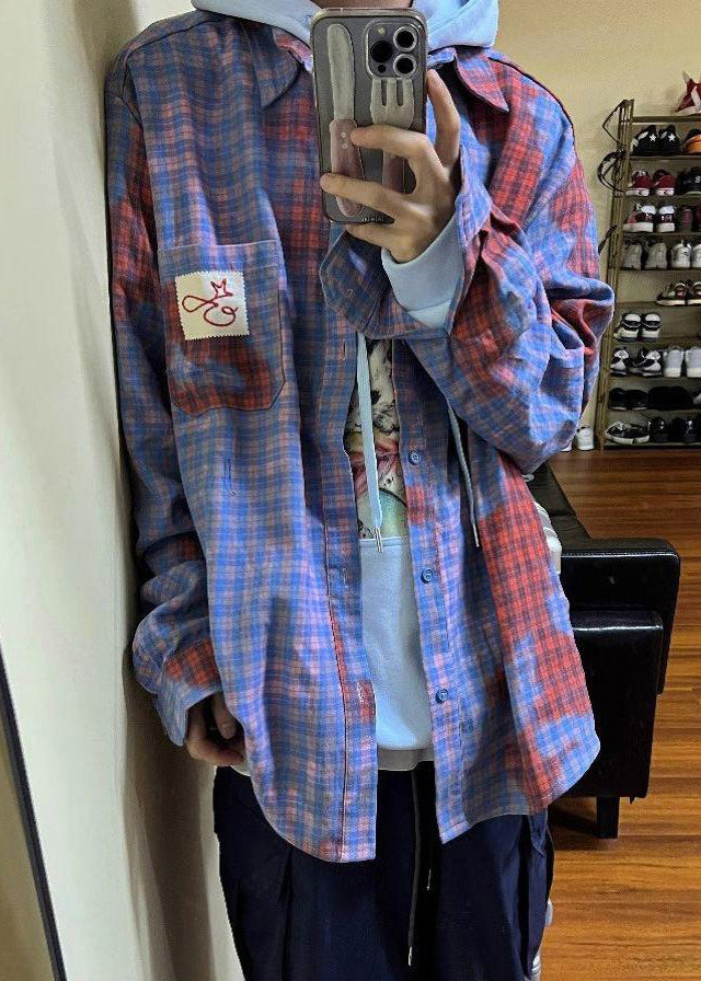 Men Spring Shirts Pockets Art Cotton Plaid Asymmetrical FashionChic