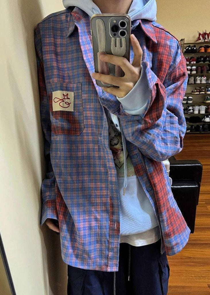 Men Spring Shirts Pockets Art Cotton Plaid Asymmetrical FashionChic