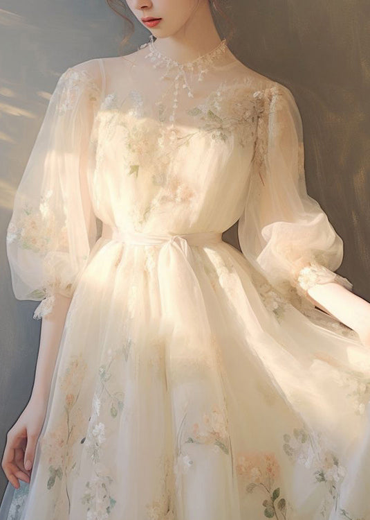 Art Beige Print Lace Up Tulle Maxi Dress Puff Sleeve KJ014 ZS-SDL240715