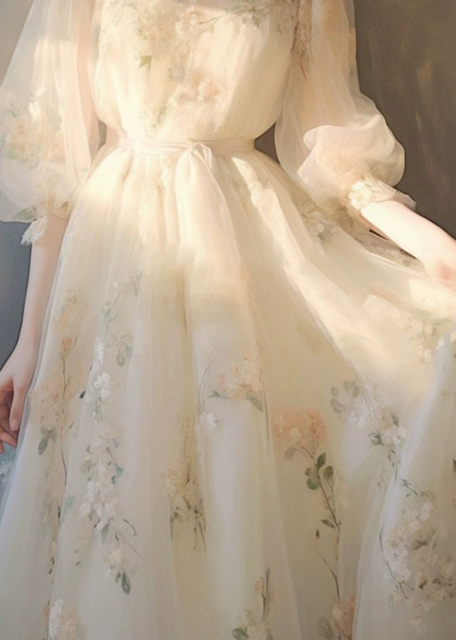 Art Beige Print Lace Up Tulle Maxi Dress Puff Sleeve KJ014 ZS-SDL240715