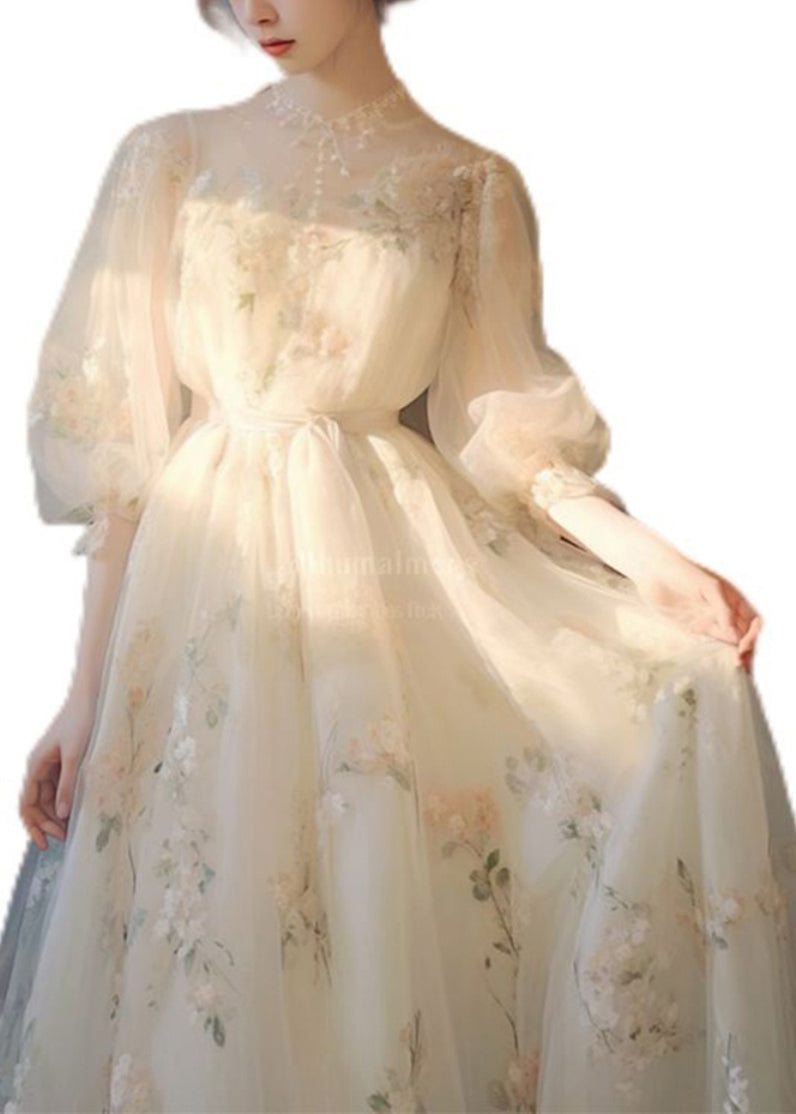 Art Beige Print Lace Up Tulle Maxi Dress Puff Sleeve KJ014 ZS-SDL240715