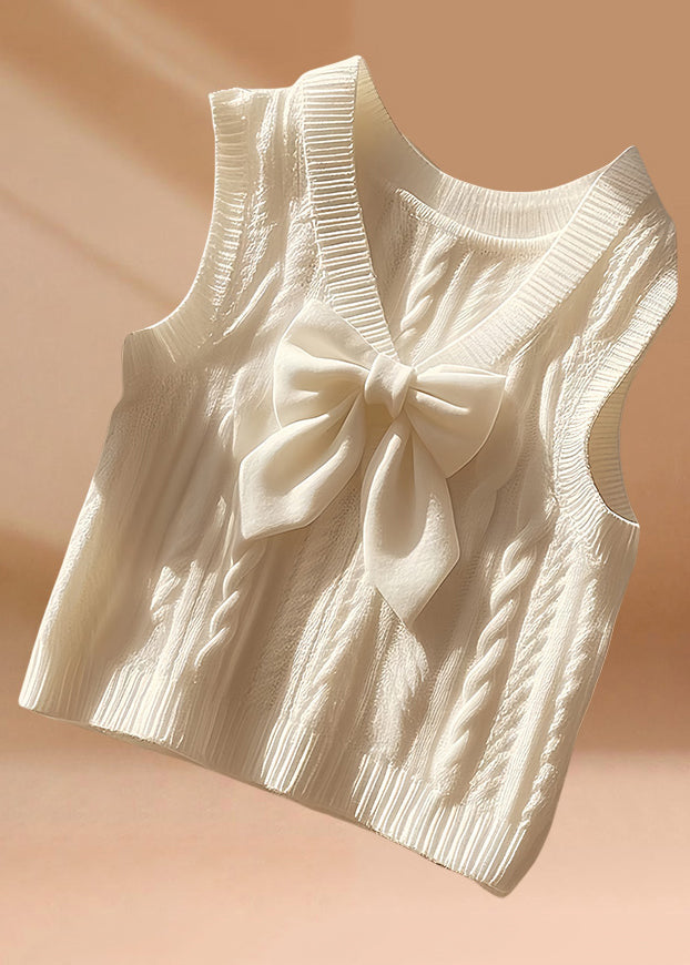 Art Beige V Neck Bow Cozy Knit Waistcoat Sleeveless QI010 OM-BB241005