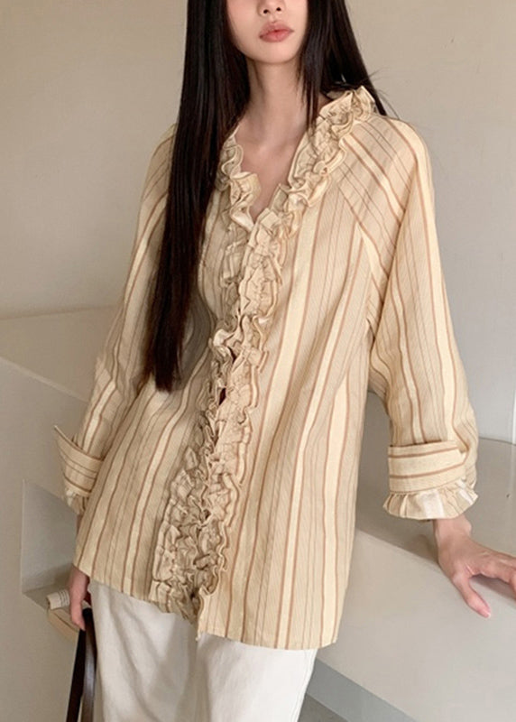 Art Beige V Neck Ruffled Striped Patchwork Shirts Spring RF030 ABC