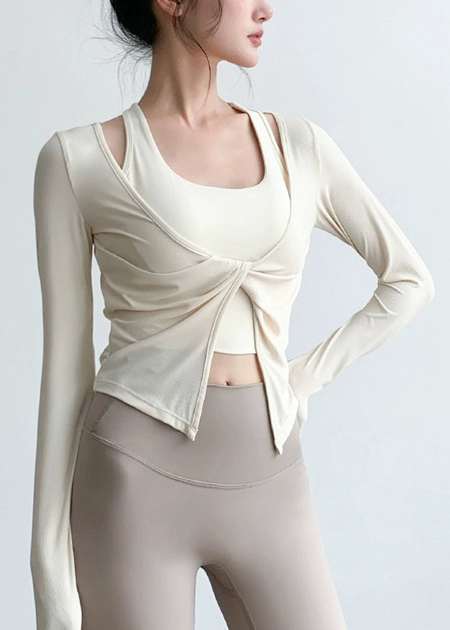 V Spring Yoga Wrinkled Art Tops Beige Neck FashionChic