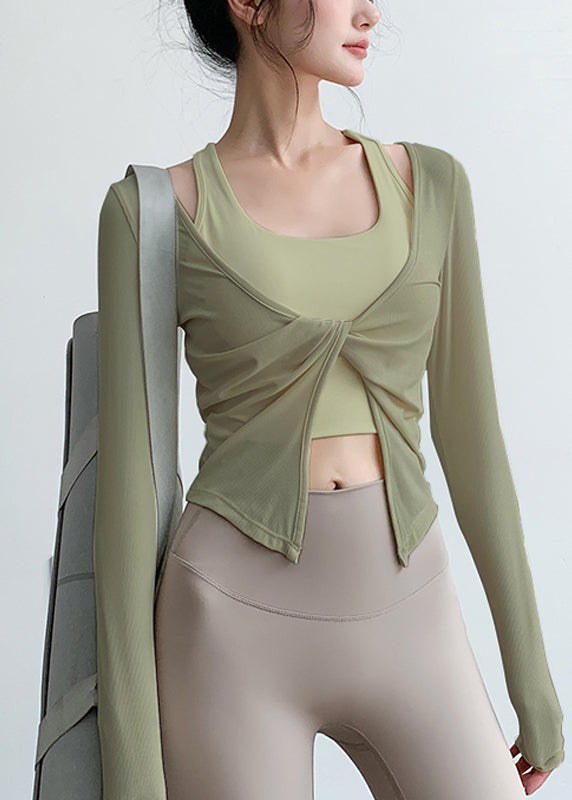 V Spring Yoga Wrinkled Art Tops Beige Neck FashionChic