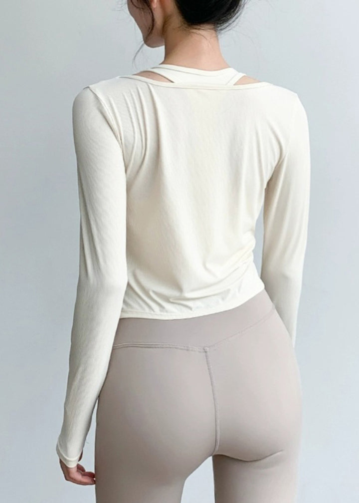 V Spring Yoga Wrinkled Art Tops Beige Neck FashionChic