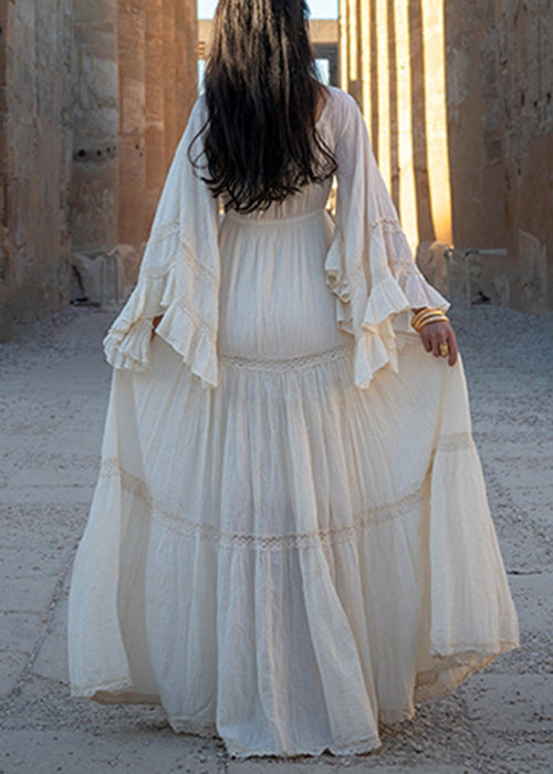 Cotton Beige Art Up Long Lace Sleeve Wrinkled Flare Dress FashionChic