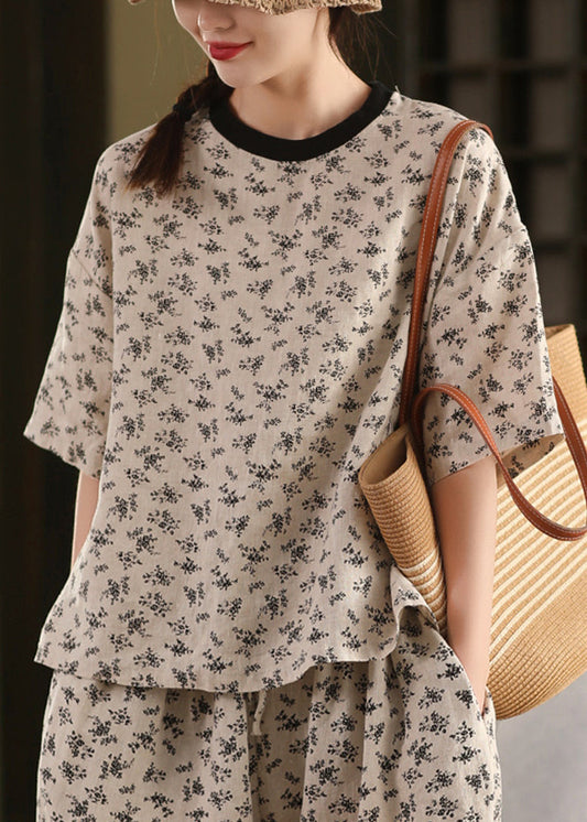 Summer Shirts Linen Black T Neck Print O Art FashionChic