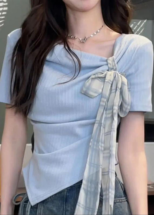 Blue Summer Cotton Asymmetrical Shirts Art T Bow FashionChic