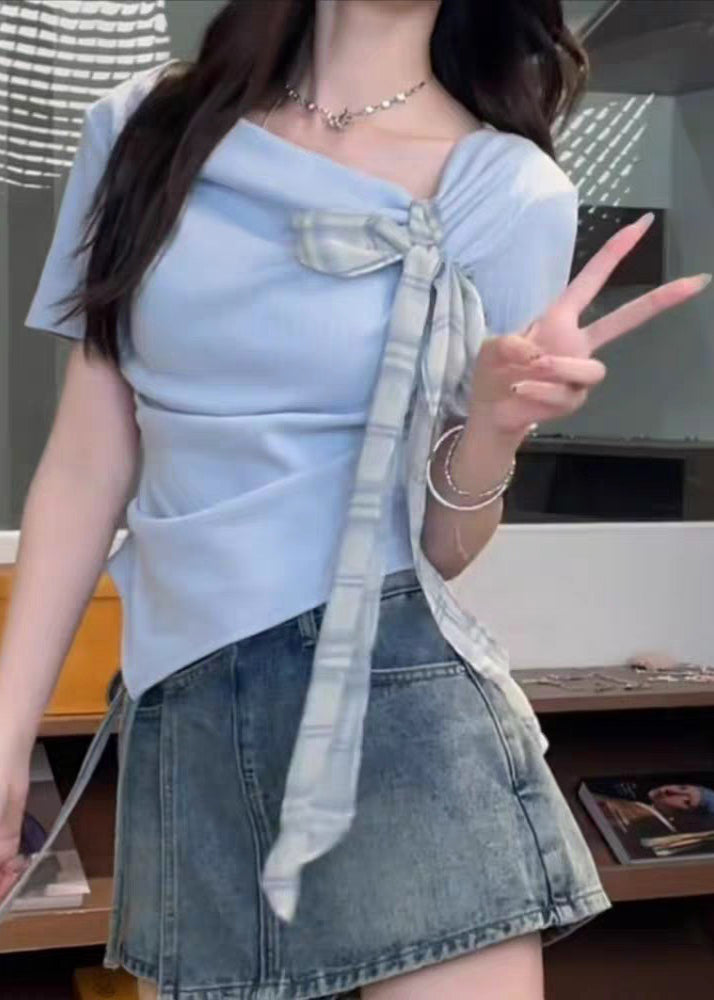 Blue Summer Cotton Asymmetrical Shirts Art T Bow FashionChic