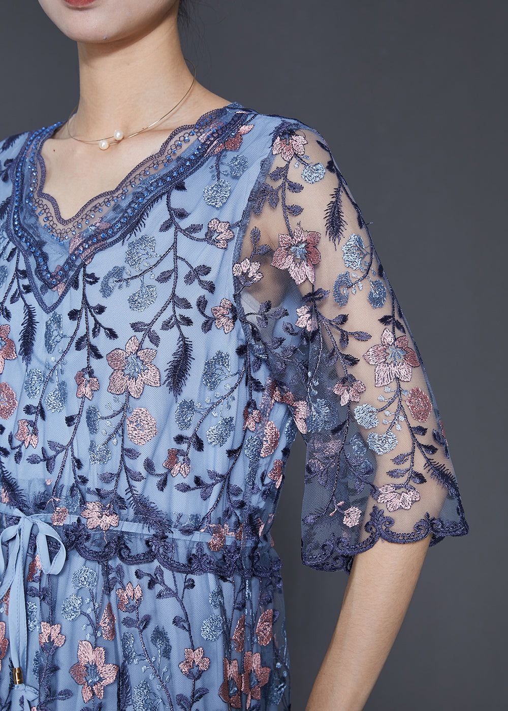 Art Blue Embroidered Tulle Cinched Dress Summer SD1089 Ada Fashion
