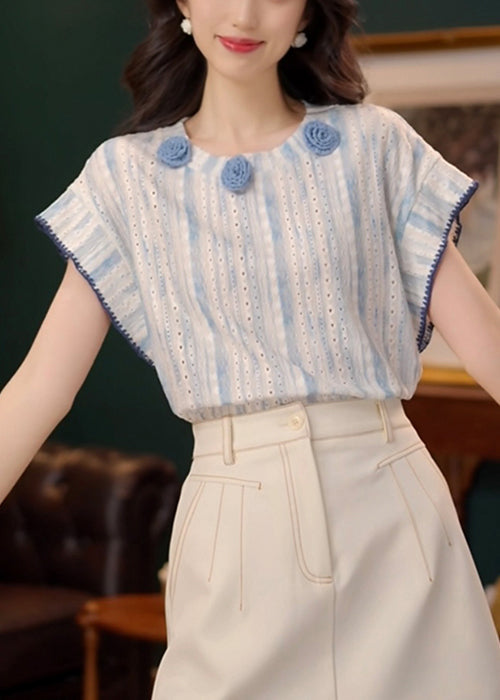 Cotton Summer T Blue Art Floral Out Shirt Hollow FashionChic