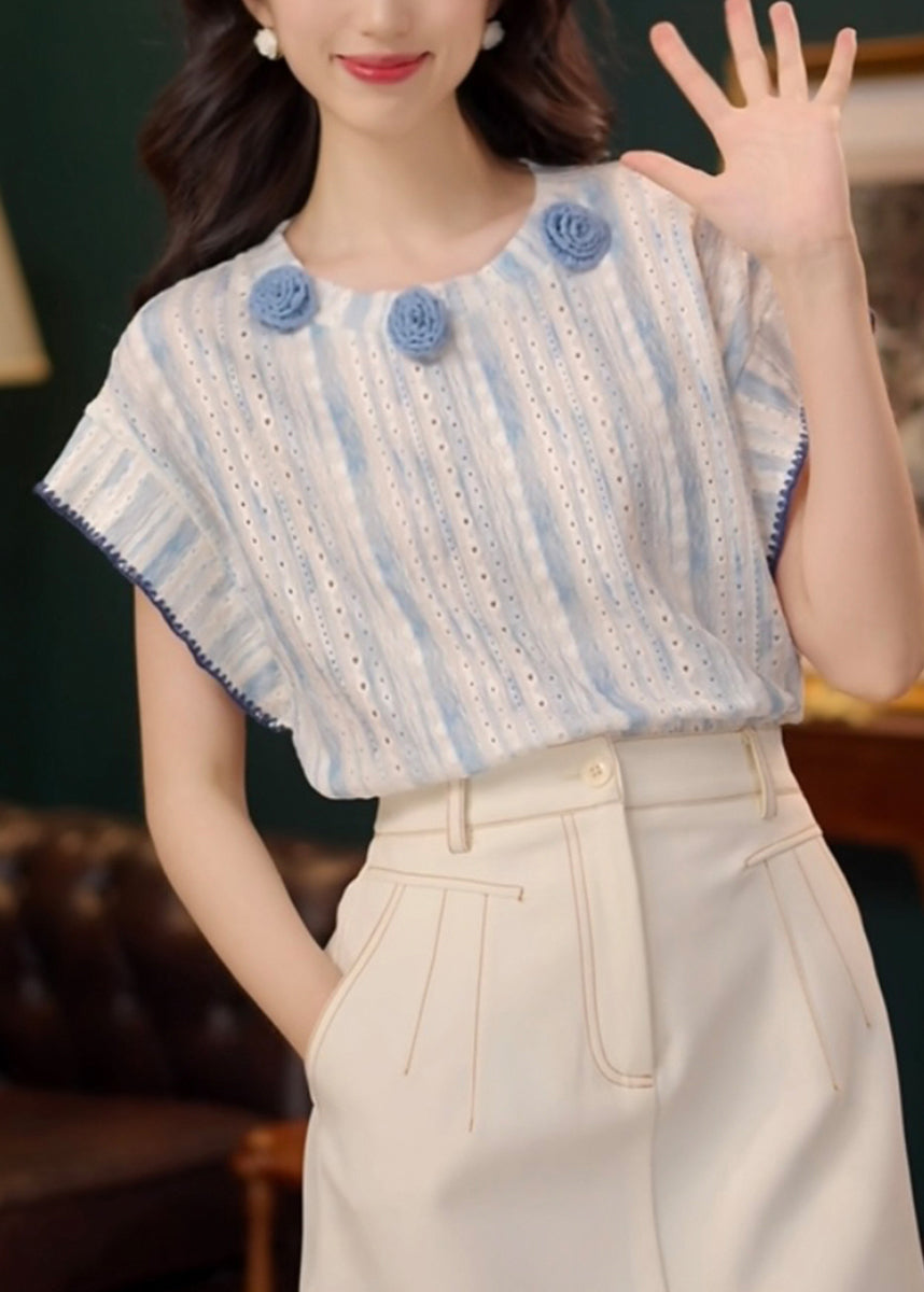 Cotton Summer T Blue Art Floral Out Shirt Hollow FashionChic