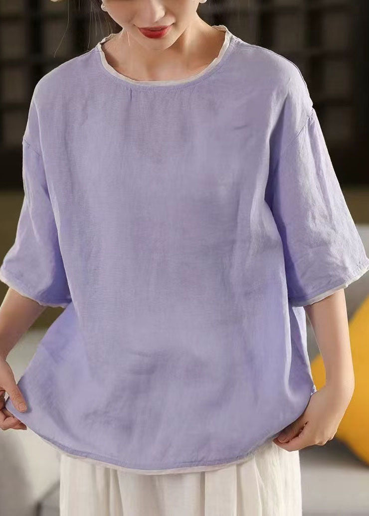 Tank Linen Blue Tops Art Sleeve Half O-Neck Patchwork FashionChic