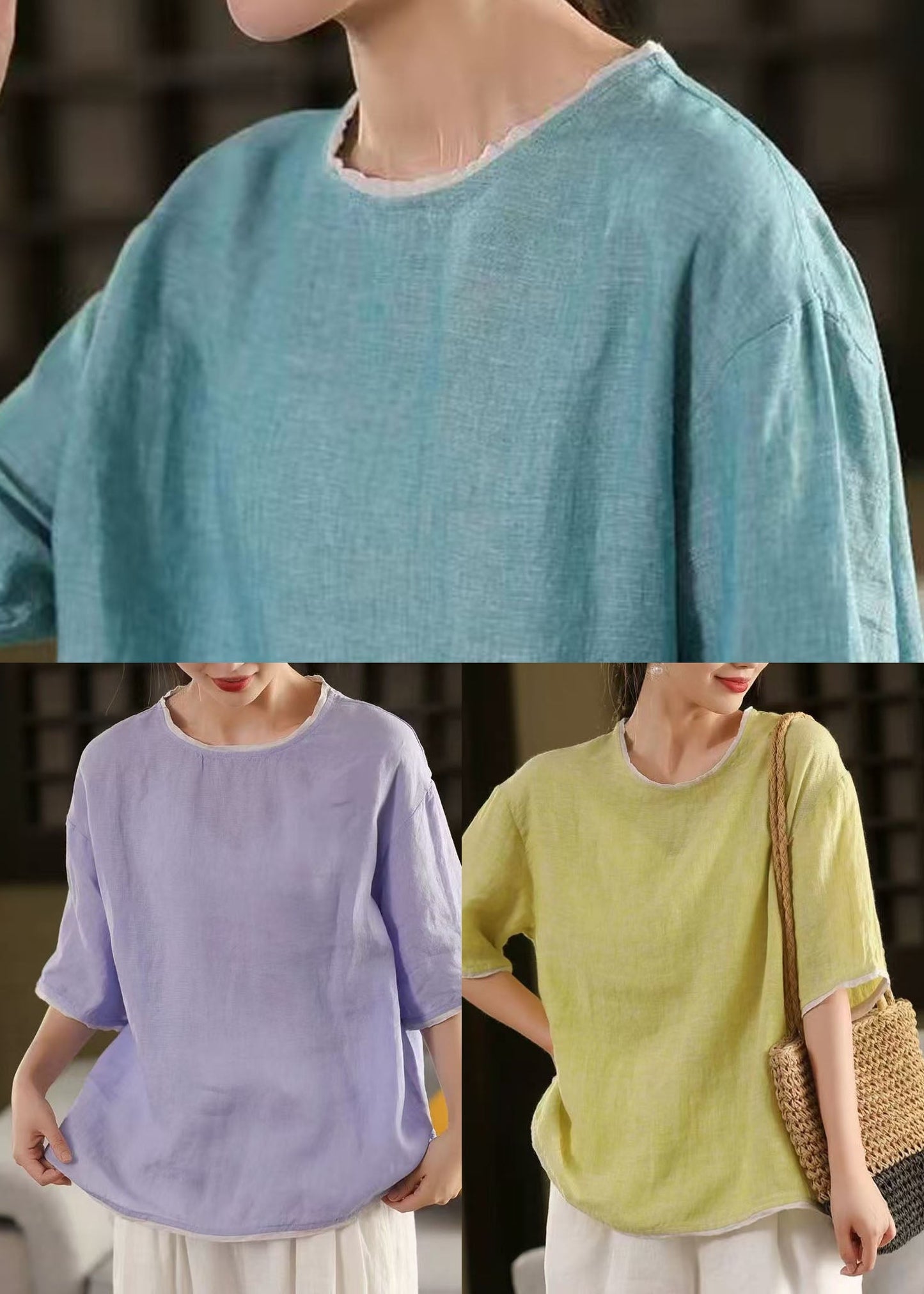 Tank Linen Blue Tops Art Sleeve Half O-Neck Patchwork FashionChic