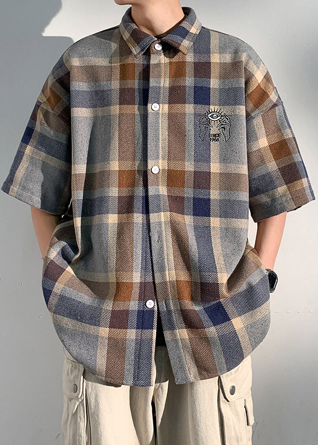 Peter Plaid Letter Collar Half Art Mens Shirts Pan Cotton Blue FashionChic