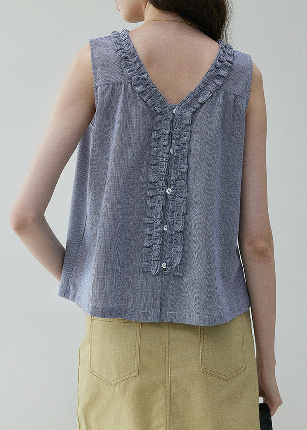 Ruffled Art Blouses Blue On Both Sides Cotton Wear Button FashionChic