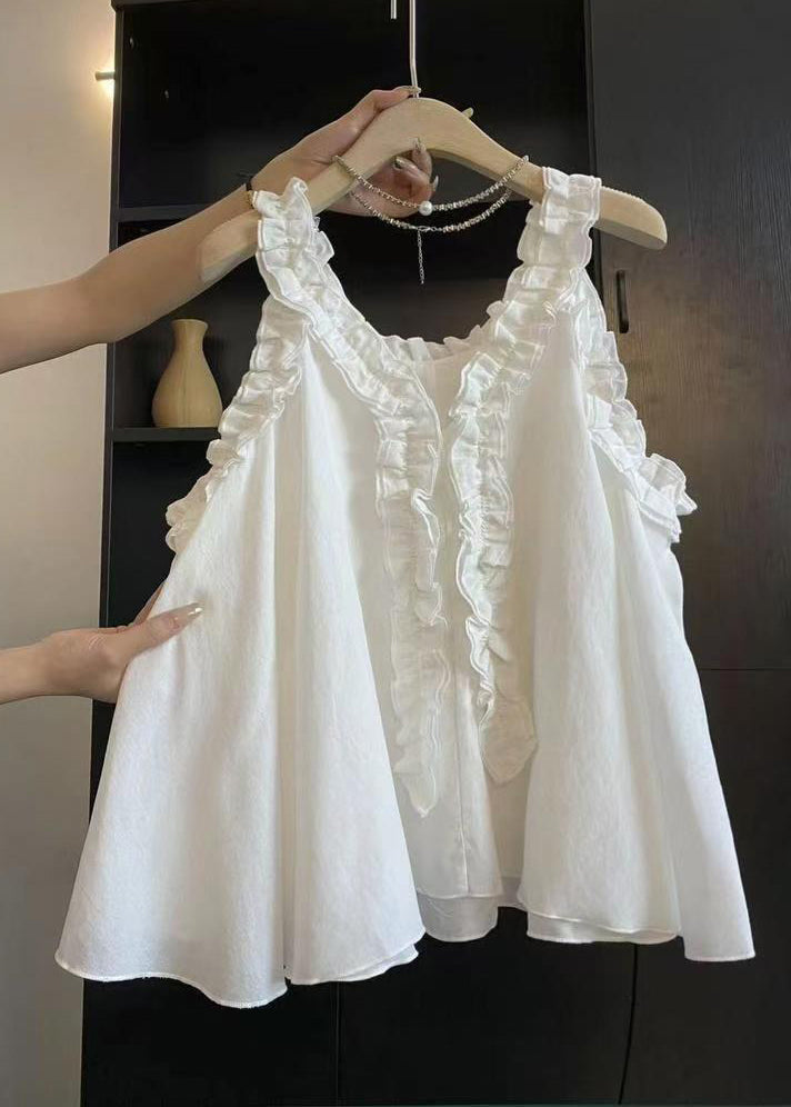 Ruffled Art Blue Cotton Top Sleeveless Solid Blouse FashionChic