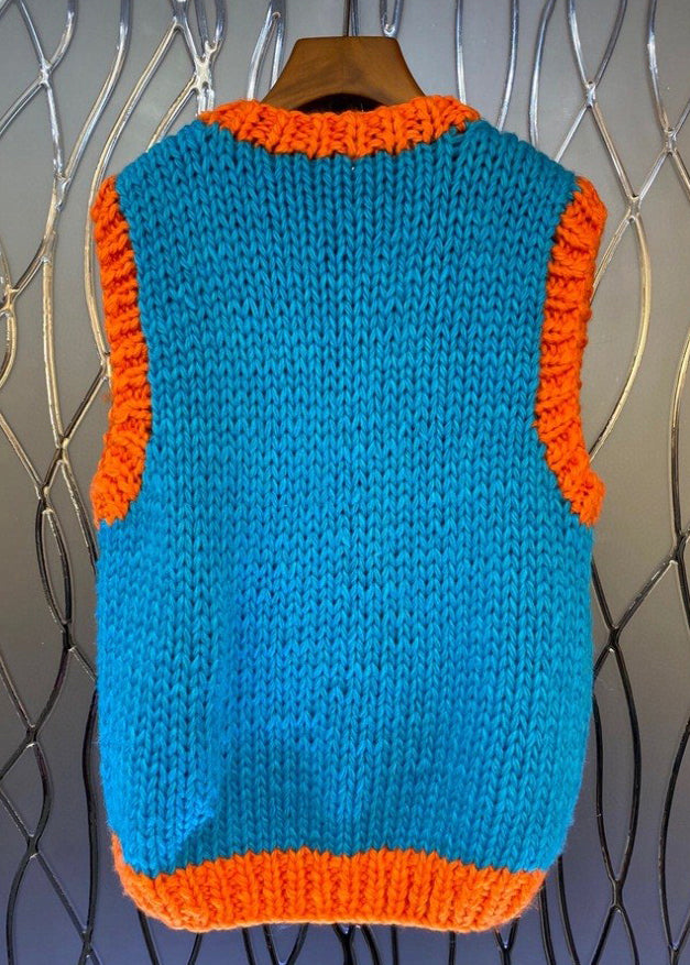 Art Blue V Neck Patchwork Cotton Knit Waistcoat Fall WY019 OM-OL241106