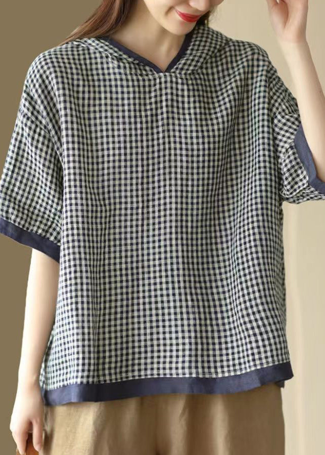 Art Dark Blue O-Neck Plaid Hooded T Shirt Summer AP022 GK-STP240718