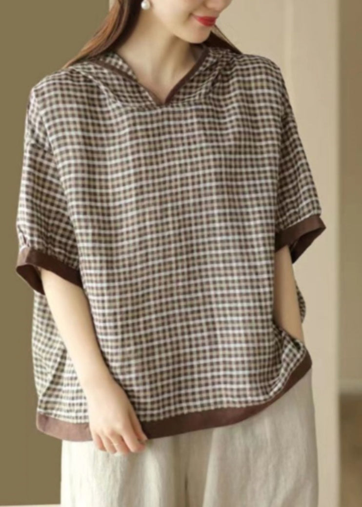 Art Dark Blue O-Neck Plaid Hooded T Shirt Summer AP022 GK-STP240718