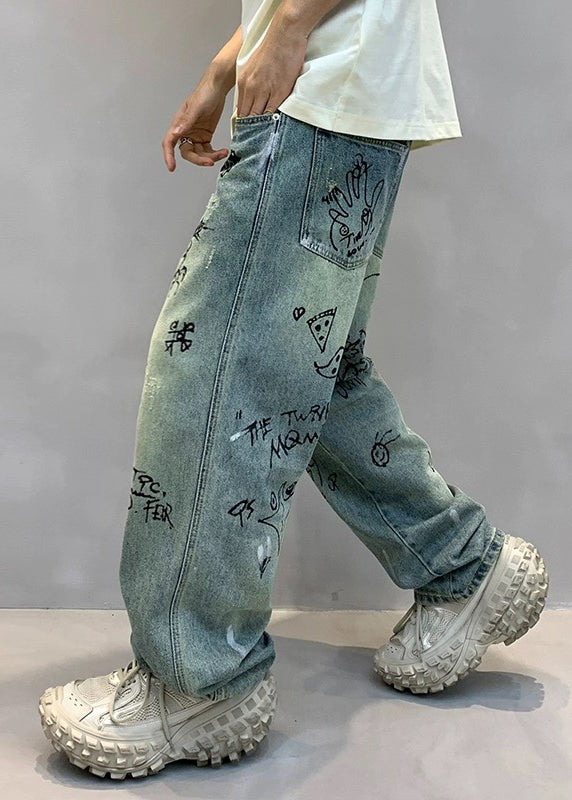 Art Denim Blue High Wais Print Mens Pants SA067 Men-casual-MENP240726