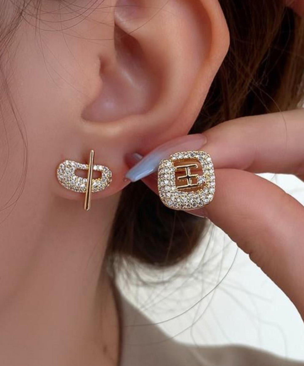 Art Gold 14K Gold Zircon Asymmetric Chinese Characters Stud Earrings TX021