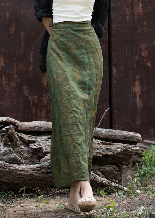 Art Green Button Lace Up Print Linen Skirts Summer QE018 MZF-SKTS240927