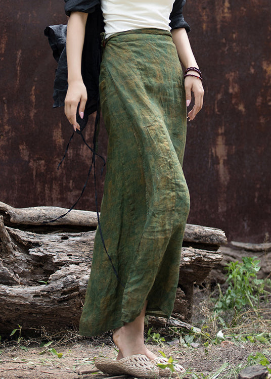 Art Green Button Lace Up Print Linen Skirts Summer QE018 MZF-SKTS240927