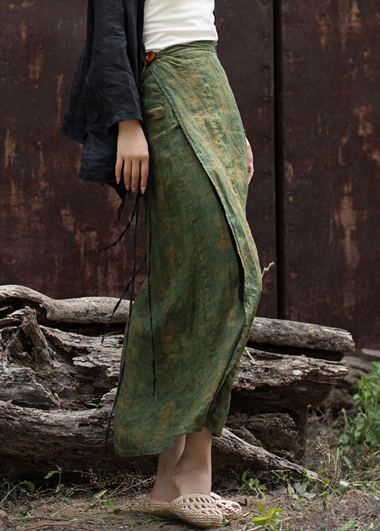Art Green Button Lace Up Print Linen Skirts Summer QE018 MZF-SKTS240927
