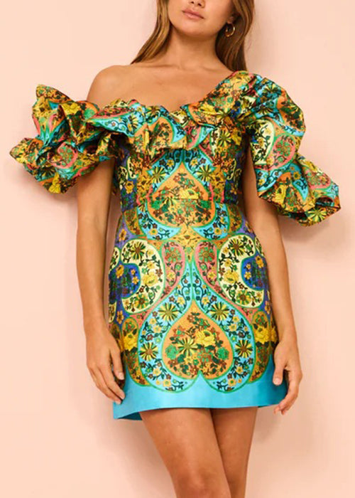 Art Green Cold Shoulder Print Silk Mid Dress Summer FF107 SH-LF-SDM240603