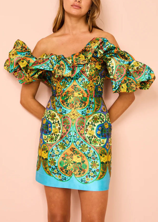Art Green Cold Shoulder Print Silk Mid Dress Summer FF107 SH-LF-SDM240603