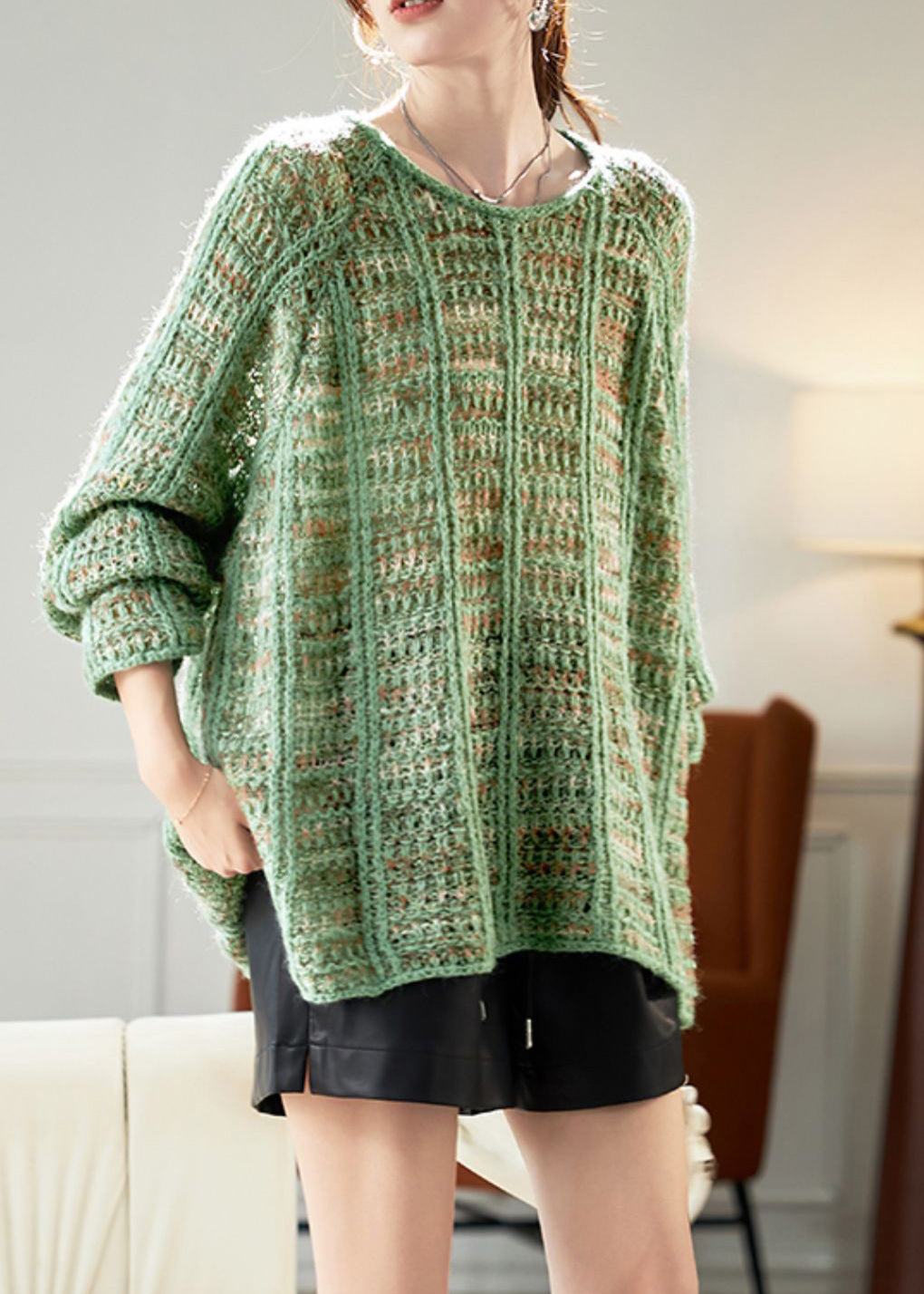 Art Cotton Sweaters Batwing Hollow Cozy Sleeve Out Green Knit FashionChic