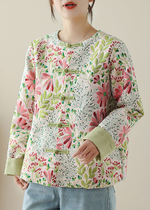 Art Green Embroidered Button Cotton Coats Fall QG034 OM-CTS241016