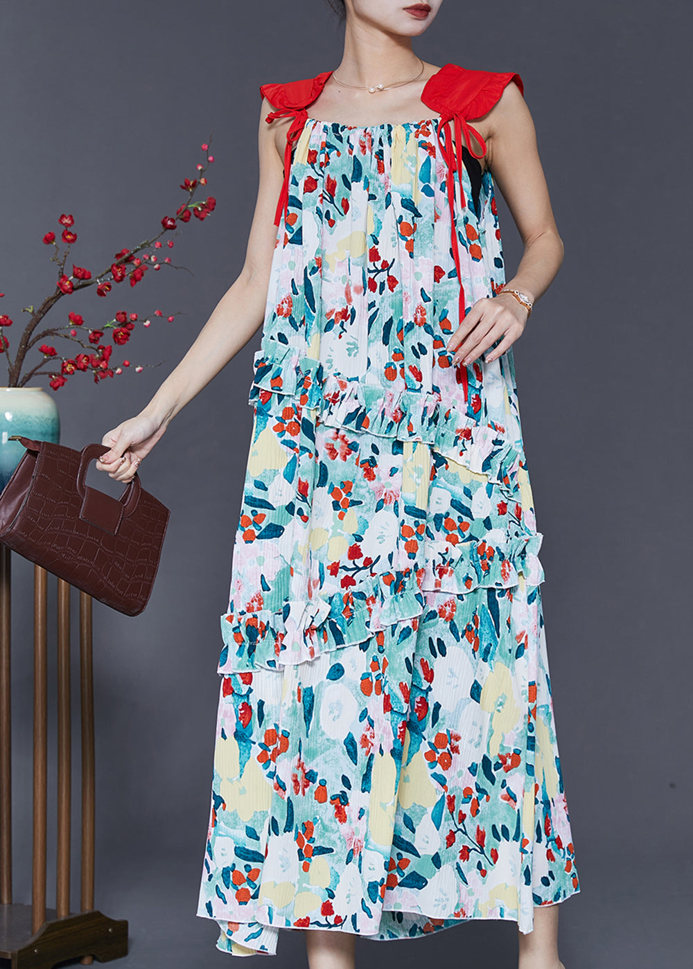 Art Green Ruffled Cold Shoulder Chiffon Vacation Dresses Summer SD1007 Ada Fashion