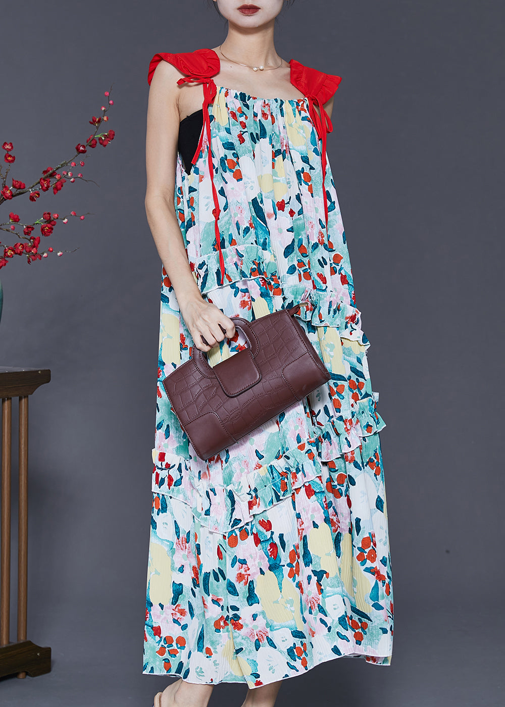Art Green Ruffled Cold Shoulder Chiffon Vacation Dresses Summer SD1007 Ada Fashion
