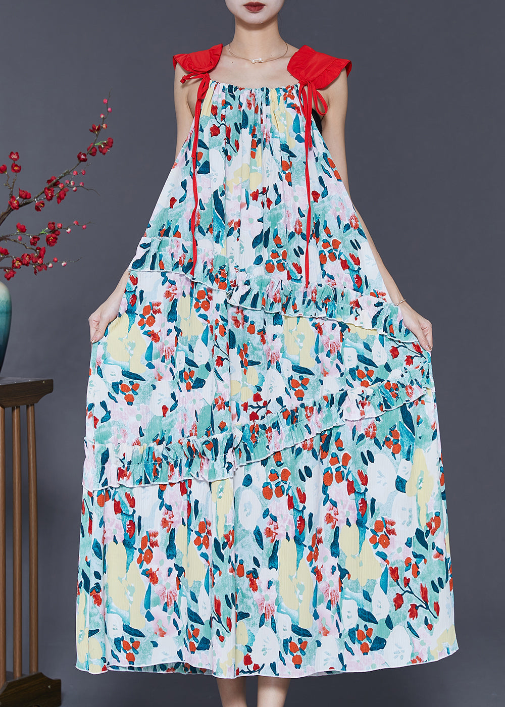 Art Green Ruffled Cold Shoulder Chiffon Vacation Dresses Summer SD1007 Ada Fashion