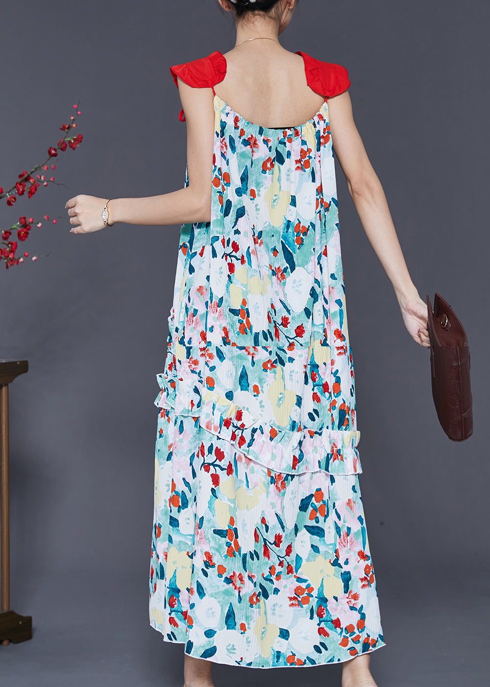 Art Green Ruffled Cold Shoulder Chiffon Vacation Dresses Summer SD1007 Ada Fashion