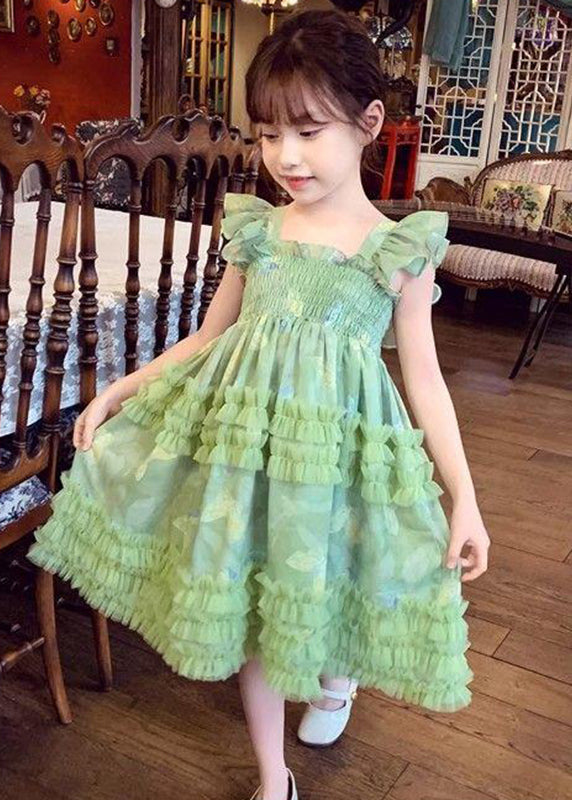 Art Green Square Collar Print Wrinkled Tulle Girls Long Dress Sleeveless EW023 WS-JRTZSDL240810