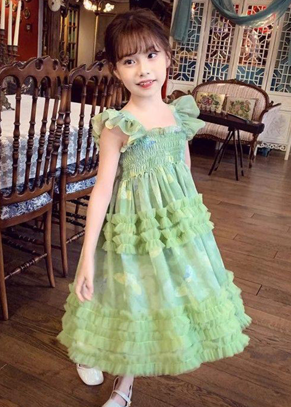 Art Green Square Collar Print Wrinkled Tulle Girls Long Dress Sleeveless EW023 WS-JRTZSDL240810