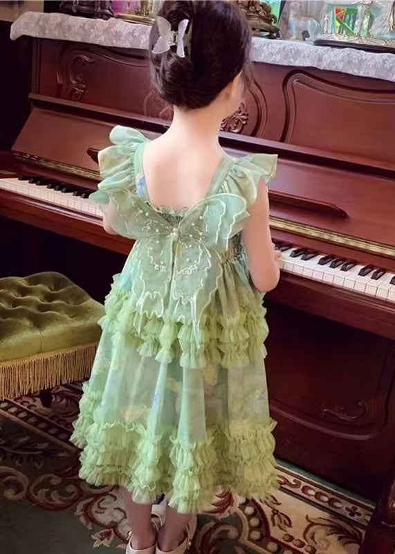 Art Green Square Collar Print Wrinkled Tulle Girls Long Dress Sleeveless EW023 WS-JRTZSDL240810