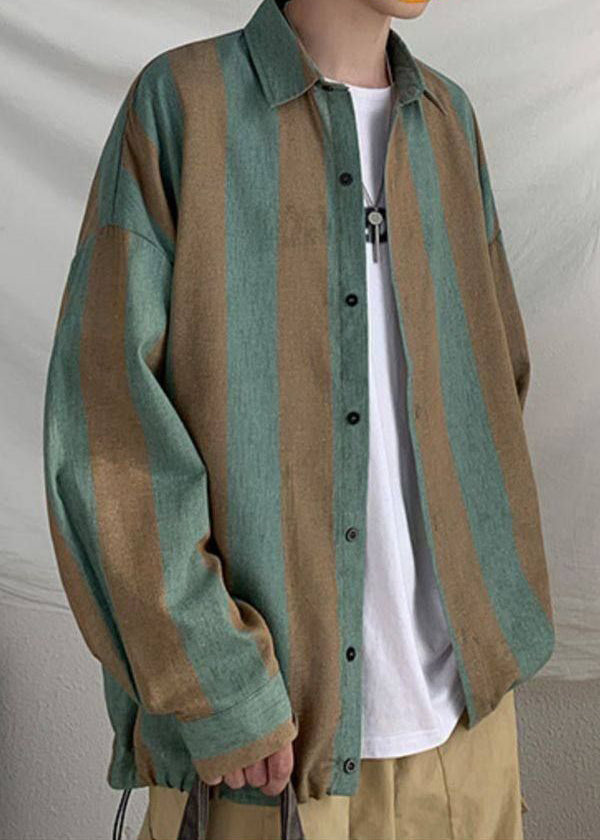 Button Men Collar Pan Green Cotton Striped Peter Art Shirts FashionChic