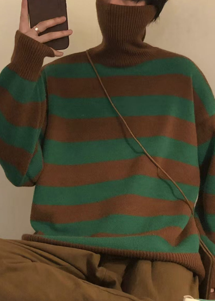 Art Green Striped Turtleneck Knit Men Sweaters Winter RJ051 ABC1