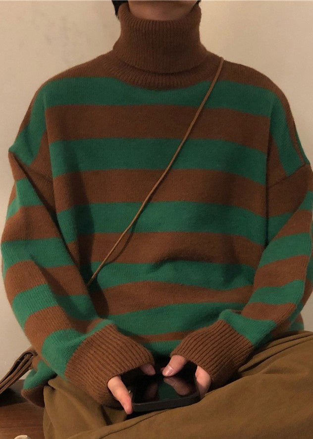 Art Green Striped Turtleneck Knit Men Sweaters Winter RJ051 ABC1