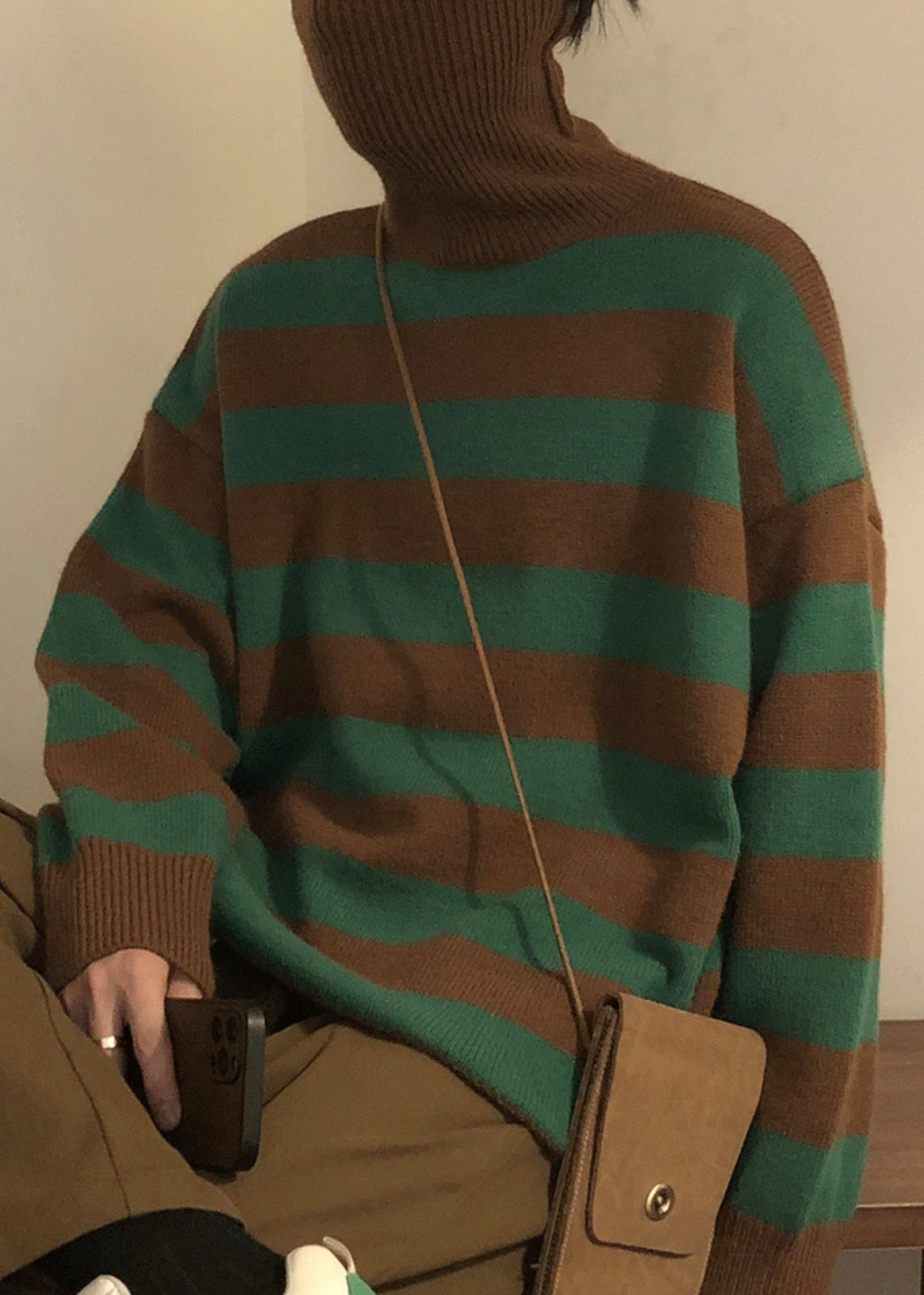 Art Green Striped Turtleneck Knit Men Sweaters Winter RJ051 ABC1