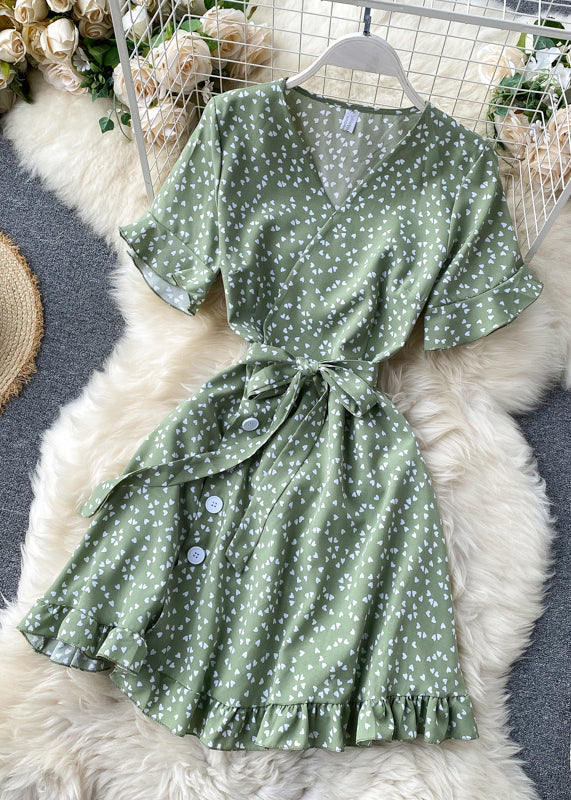 Art Green V Neck Print Tie Waist Cotton Mid Dress Summer TR038 ZS-SDM240730